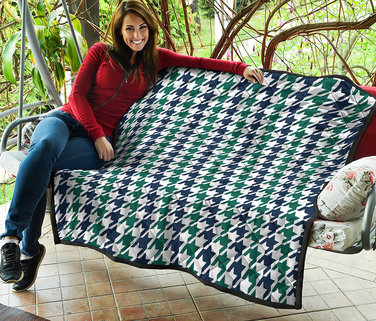 Blue Green And White Houndstooth Print Quilt