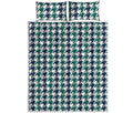 Blue Green And White Houndstooth Print Quilt Bed Set