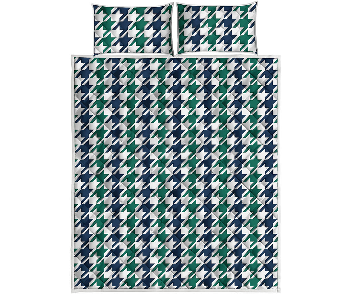 Blue Green And White Houndstooth Print Quilt Bed Set
