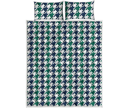 Blue Green And White Houndstooth Print Quilt Bed Set
