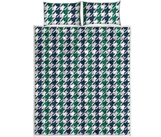Blue Green And White Houndstooth Print Quilt Bed Set