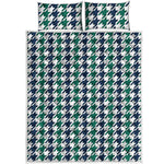 Blue Green And White Houndstooth Print Quilt Bed Set