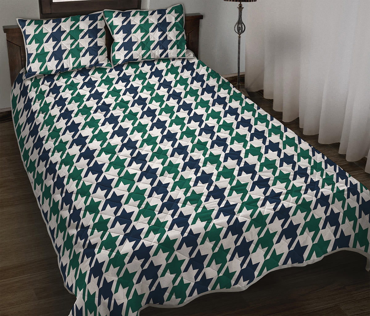 Blue Green And White Houndstooth Print Quilt Bed Set