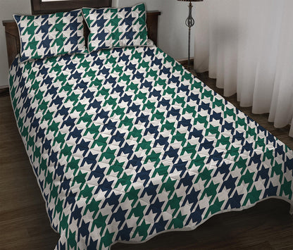 Blue Green And White Houndstooth Print Quilt Bed Set