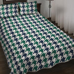 Blue Green And White Houndstooth Print Quilt Bed Set