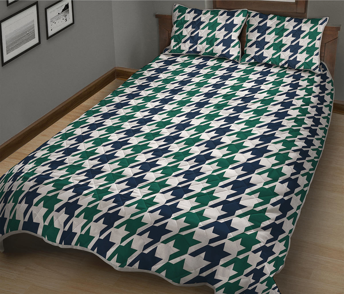 Blue Green And White Houndstooth Print Quilt Bed Set