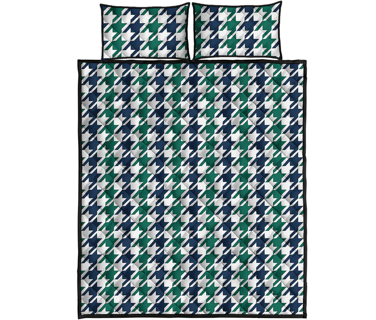 Blue Green And White Houndstooth Print Quilt Bed Set