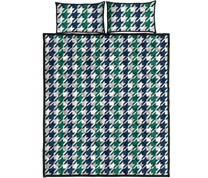 Blue Green And White Houndstooth Print Quilt Bed Set