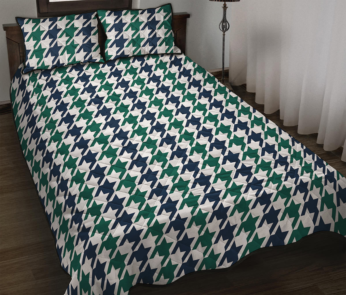 Blue Green And White Houndstooth Print Quilt Bed Set