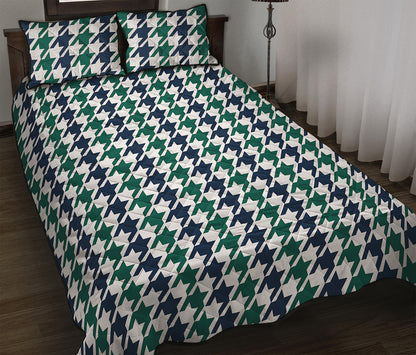 Blue Green And White Houndstooth Print Quilt Bed Set
