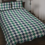 Blue Green And White Houndstooth Print Quilt Bed Set