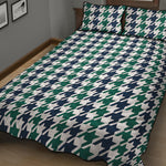 Blue Green And White Houndstooth Print Quilt Bed Set