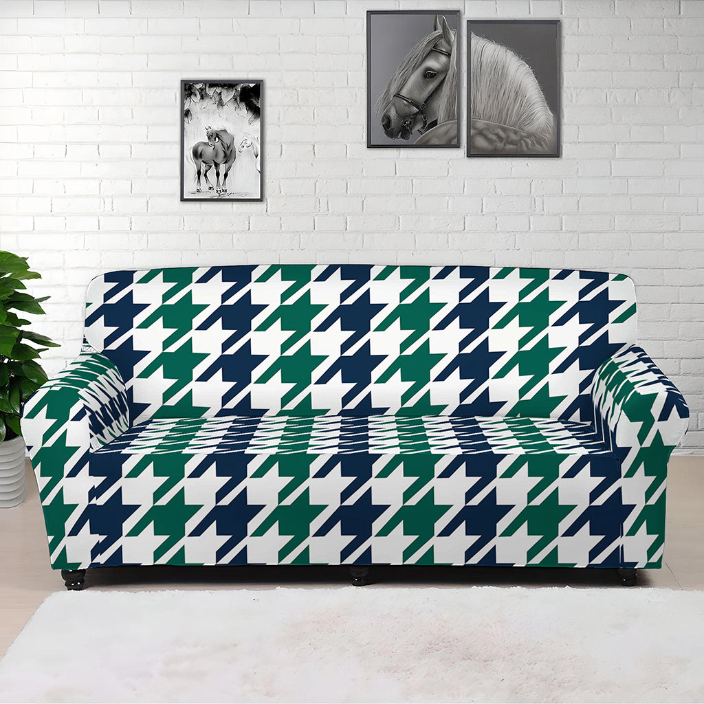 Blue Green And White Houndstooth Print Sofa Cover