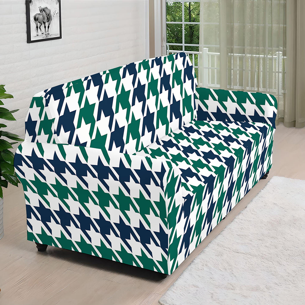 Blue Green And White Houndstooth Print Sofa Cover