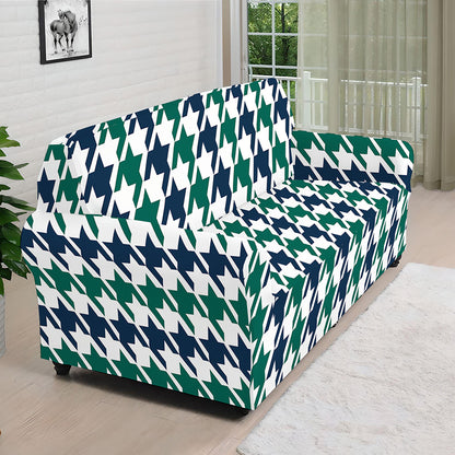 Blue Green And White Houndstooth Print Sofa Cover