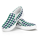 Blue Green And White Houndstooth Print White Slip On Shoes