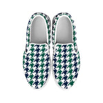 Blue Green And White Houndstooth Print White Slip On Shoes