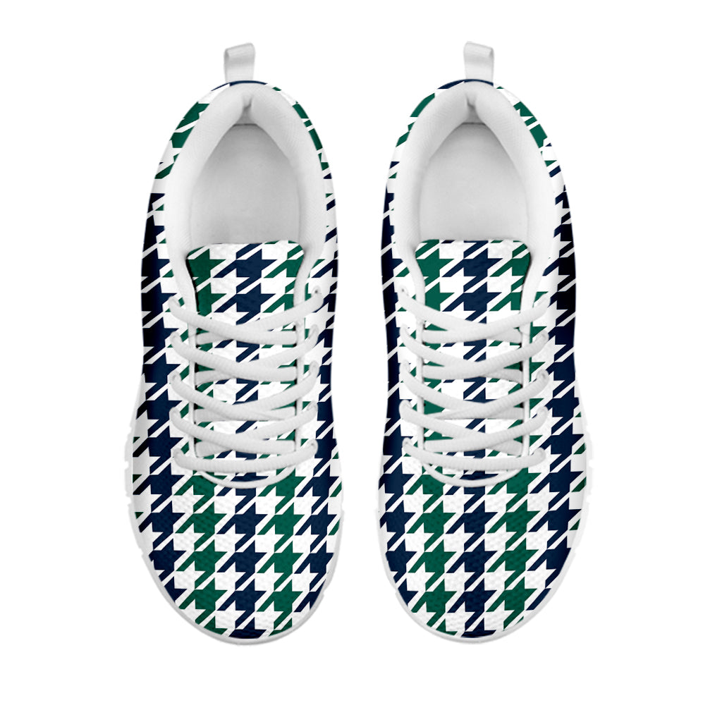 Blue Green And White Houndstooth Print White Sneakers