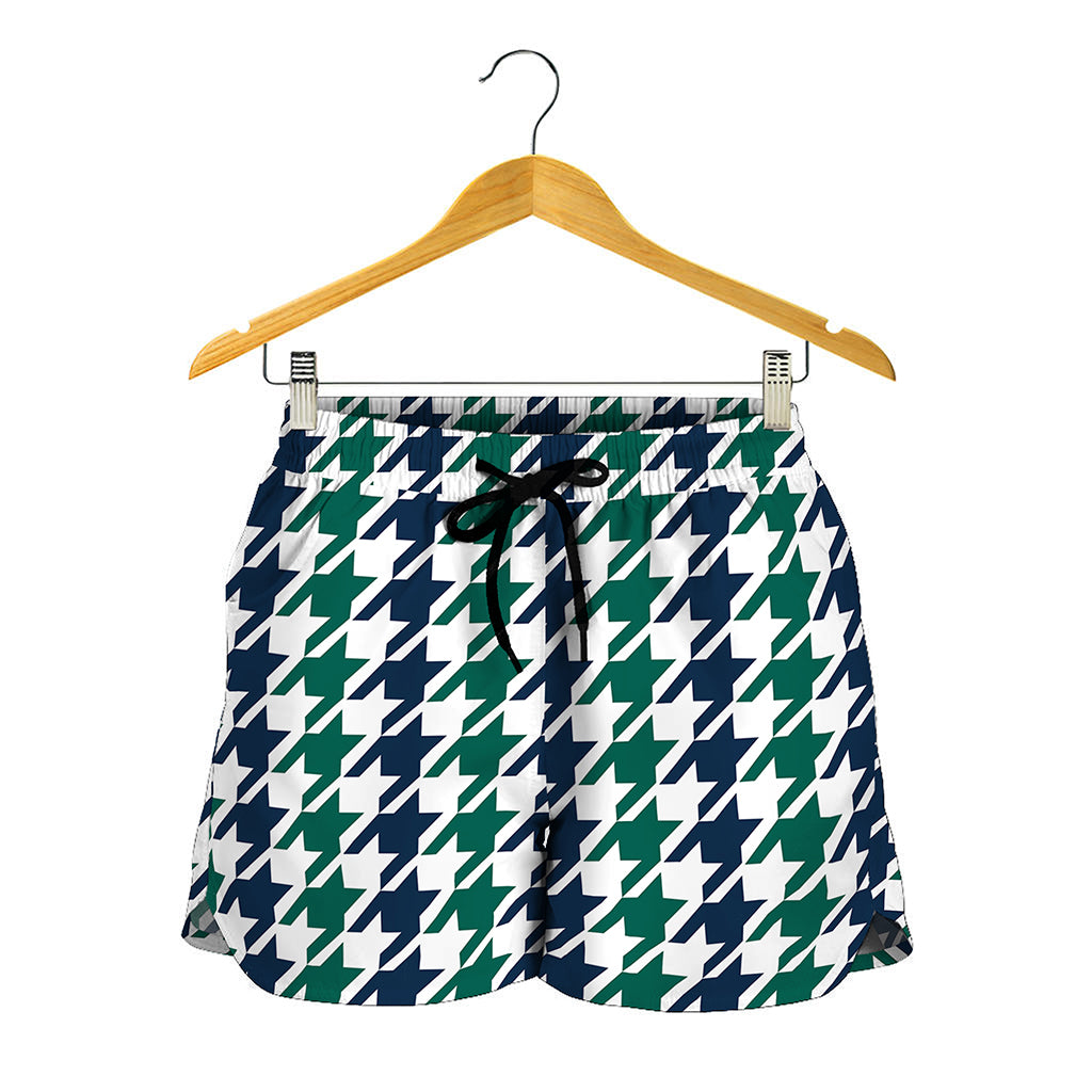 Blue Green And White Houndstooth Print Women's Shorts