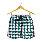 Blue Green And White Houndstooth Print Women's Shorts