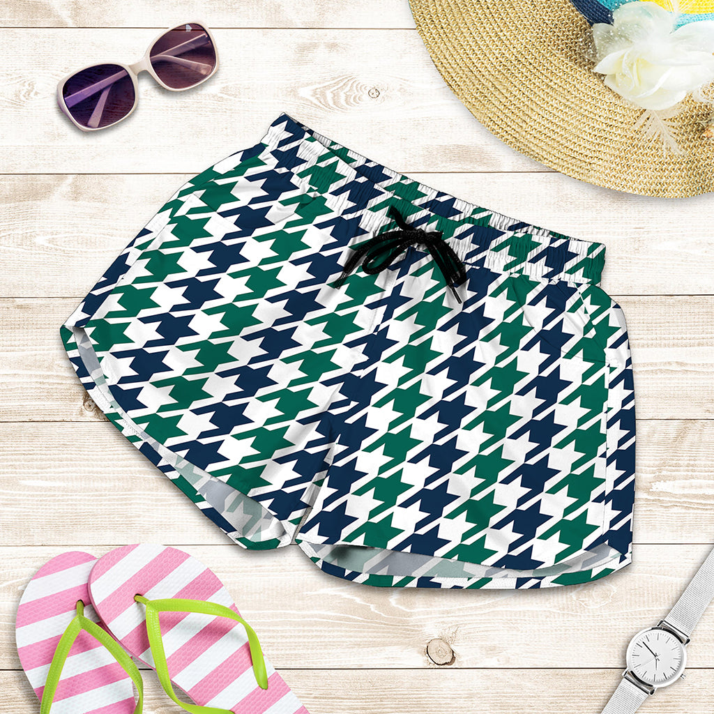 Blue Green And White Houndstooth Print Women's Shorts