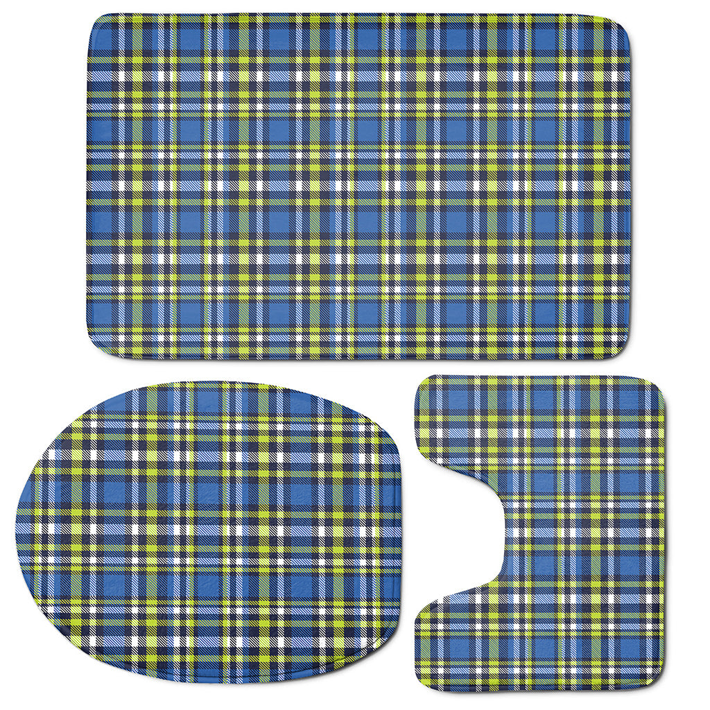 Blue Green And White Plaid Pattern Print 3 Piece Bath Mat Set
