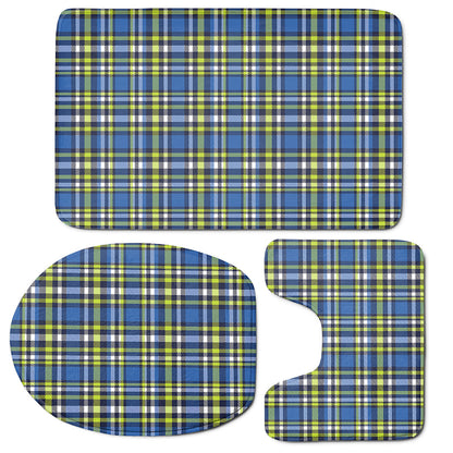 Blue Green And White Plaid Pattern Print 3 Piece Bath Mat Set