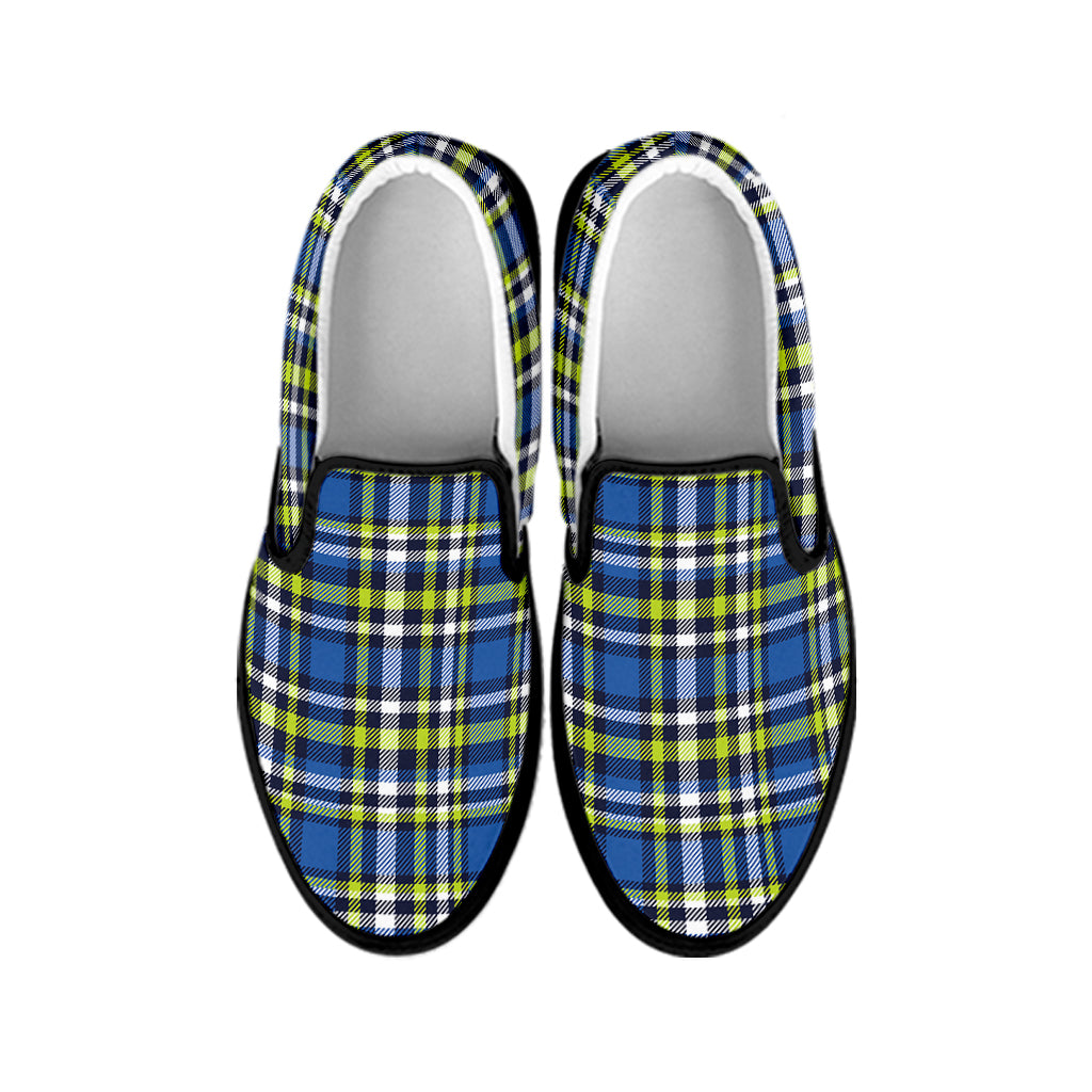 Blue Green And White Plaid Pattern Print Black Slip On Shoes
