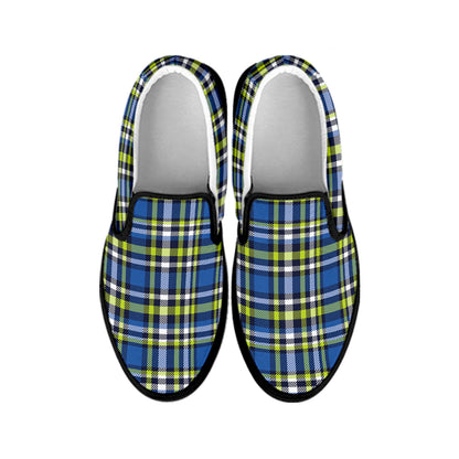 Blue Green And White Plaid Pattern Print Black Slip On Shoes