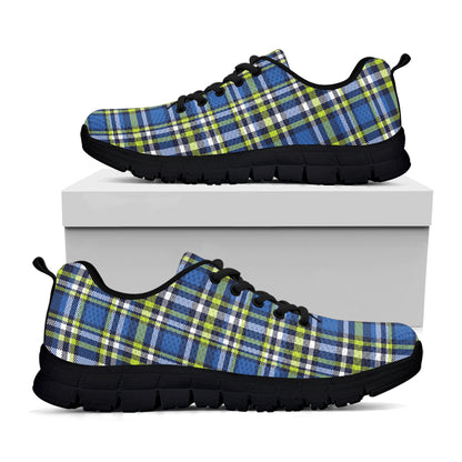 Blue Green And White Plaid Pattern Print Black Sneakers