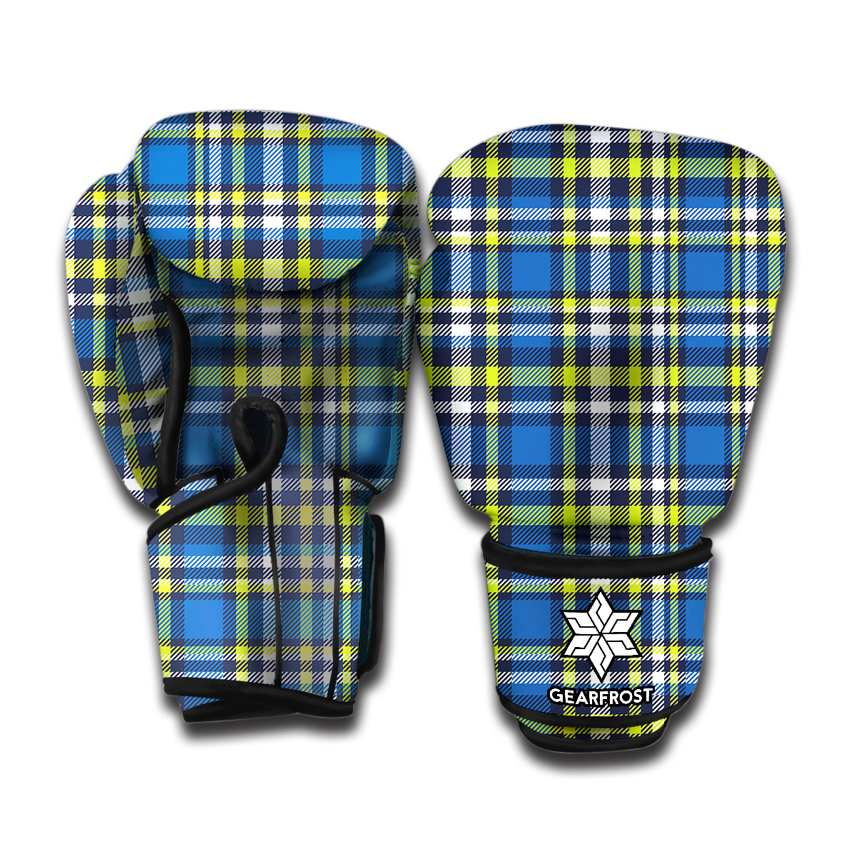 Blue Green And White Plaid Pattern Print Boxing Gloves