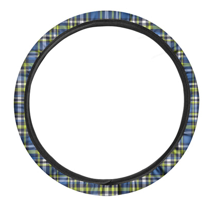 Blue Green And White Plaid Pattern Print Car Steering Wheel Cover