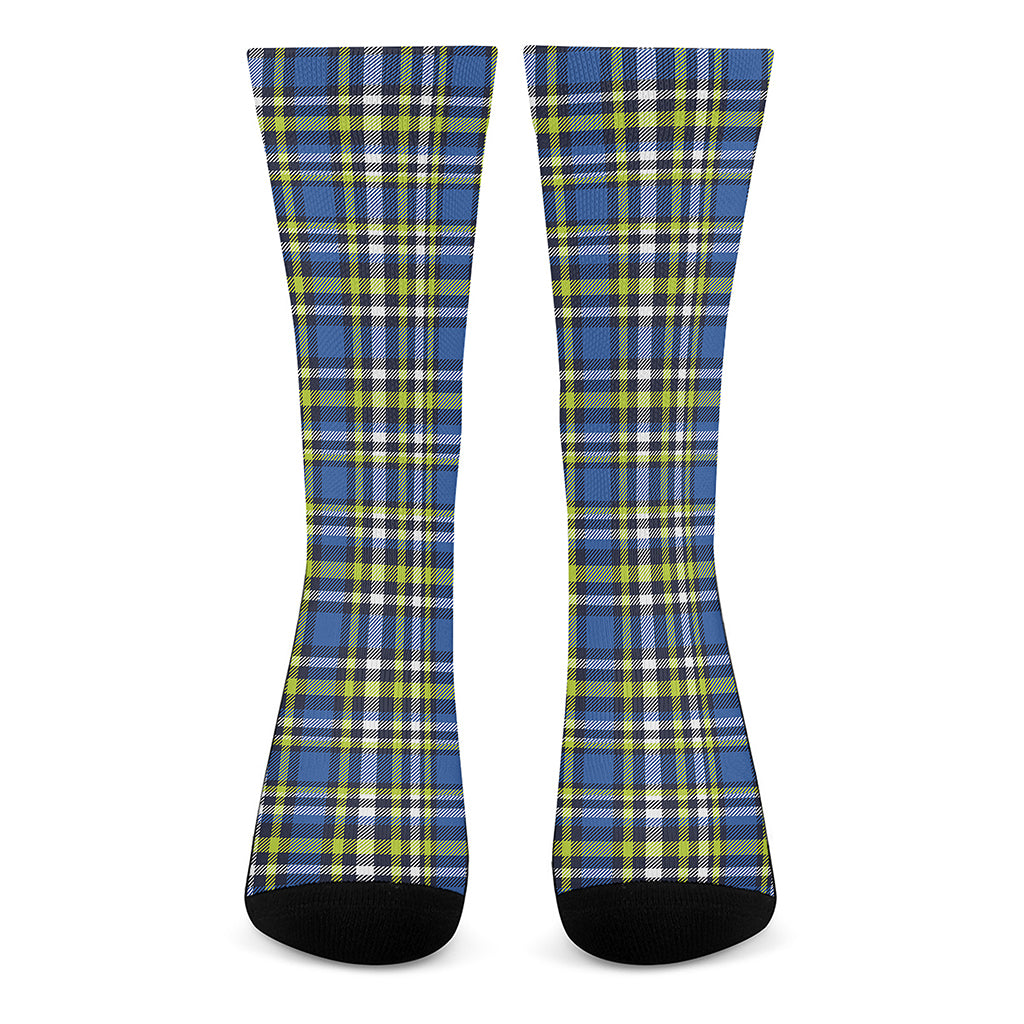 Blue Green And White Plaid Pattern Print Crew Socks