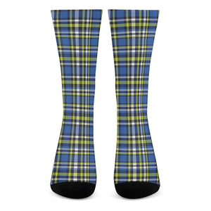 Blue Green And White Plaid Pattern Print Crew Socks