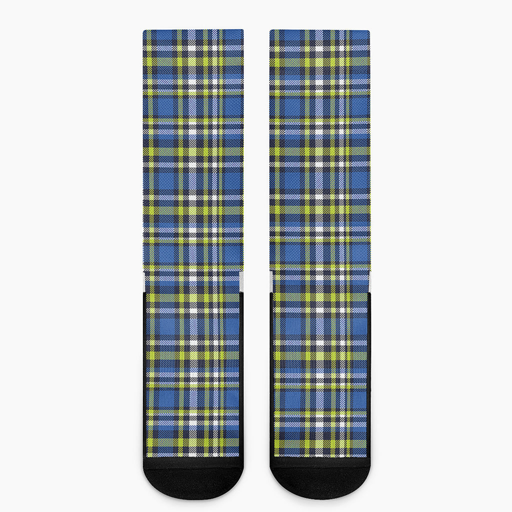 Blue Green And White Plaid Pattern Print Crew Socks