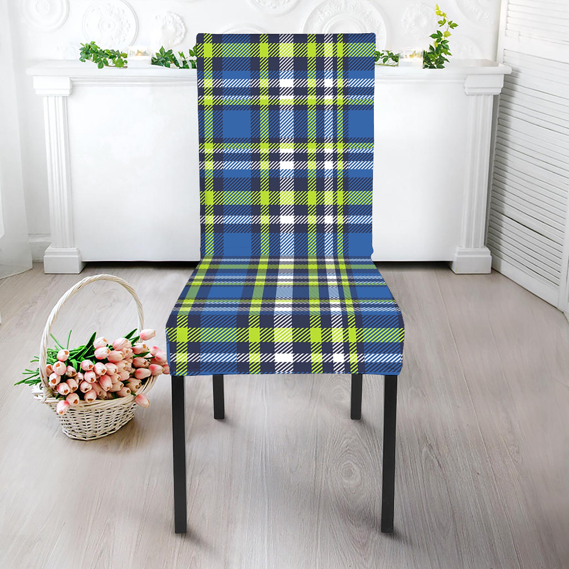 Blue Green And White Plaid Pattern Print Dining Chair Slipcover