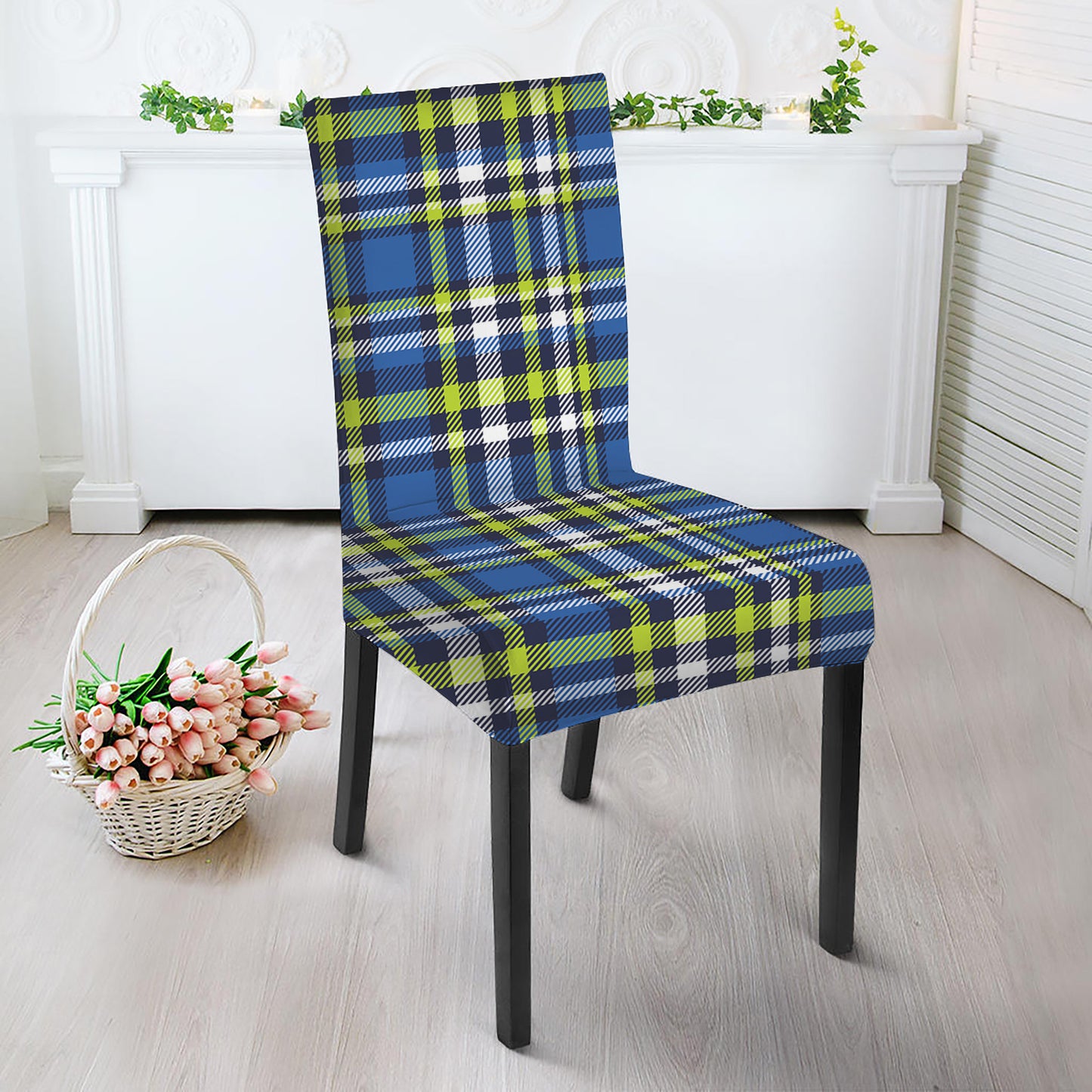 Blue Green And White Plaid Pattern Print Dining Chair Slipcover