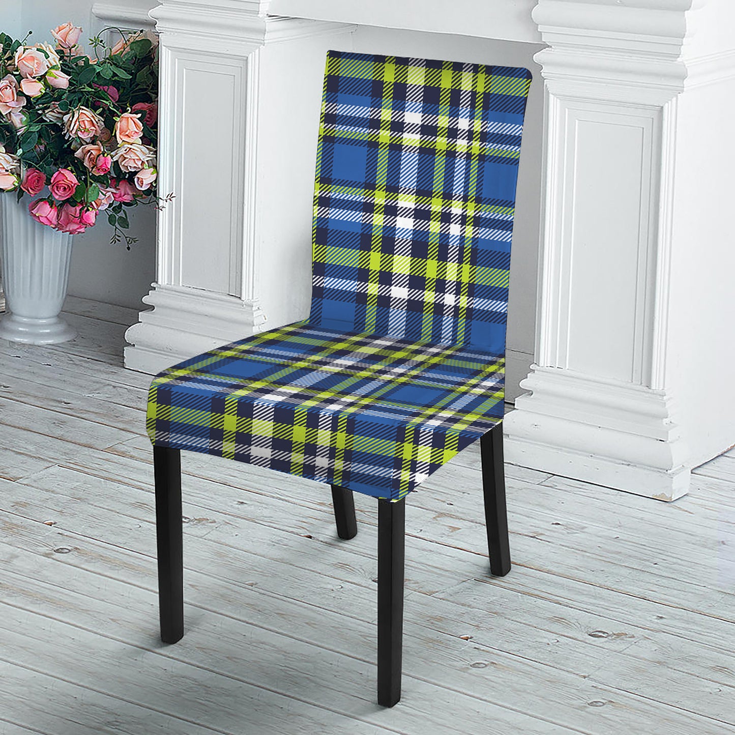 Blue Green And White Plaid Pattern Print Dining Chair Slipcover