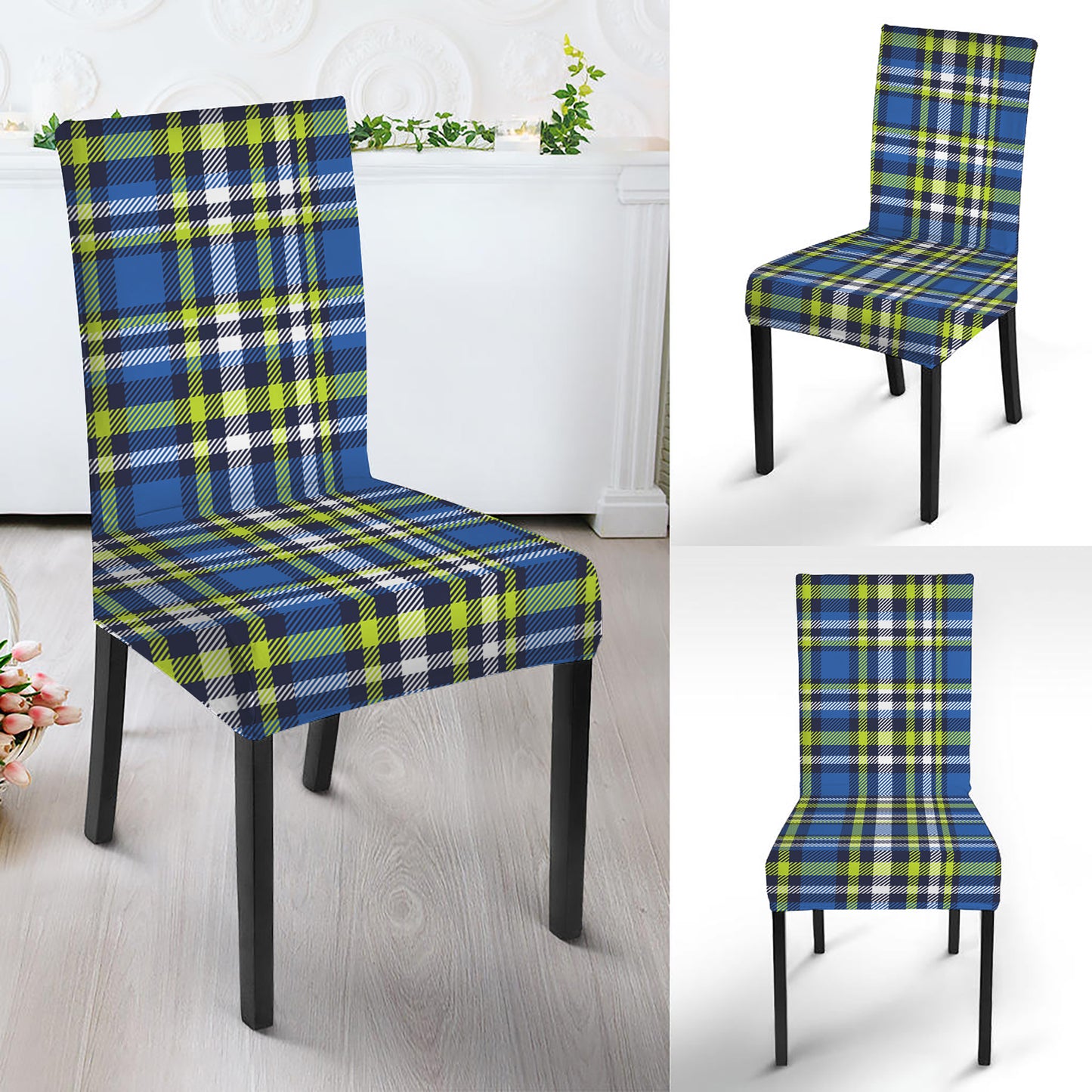 Blue Green And White Plaid Pattern Print Dining Chair Slipcover
