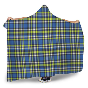 Blue Green And White Plaid Pattern Print Hooded Blanket