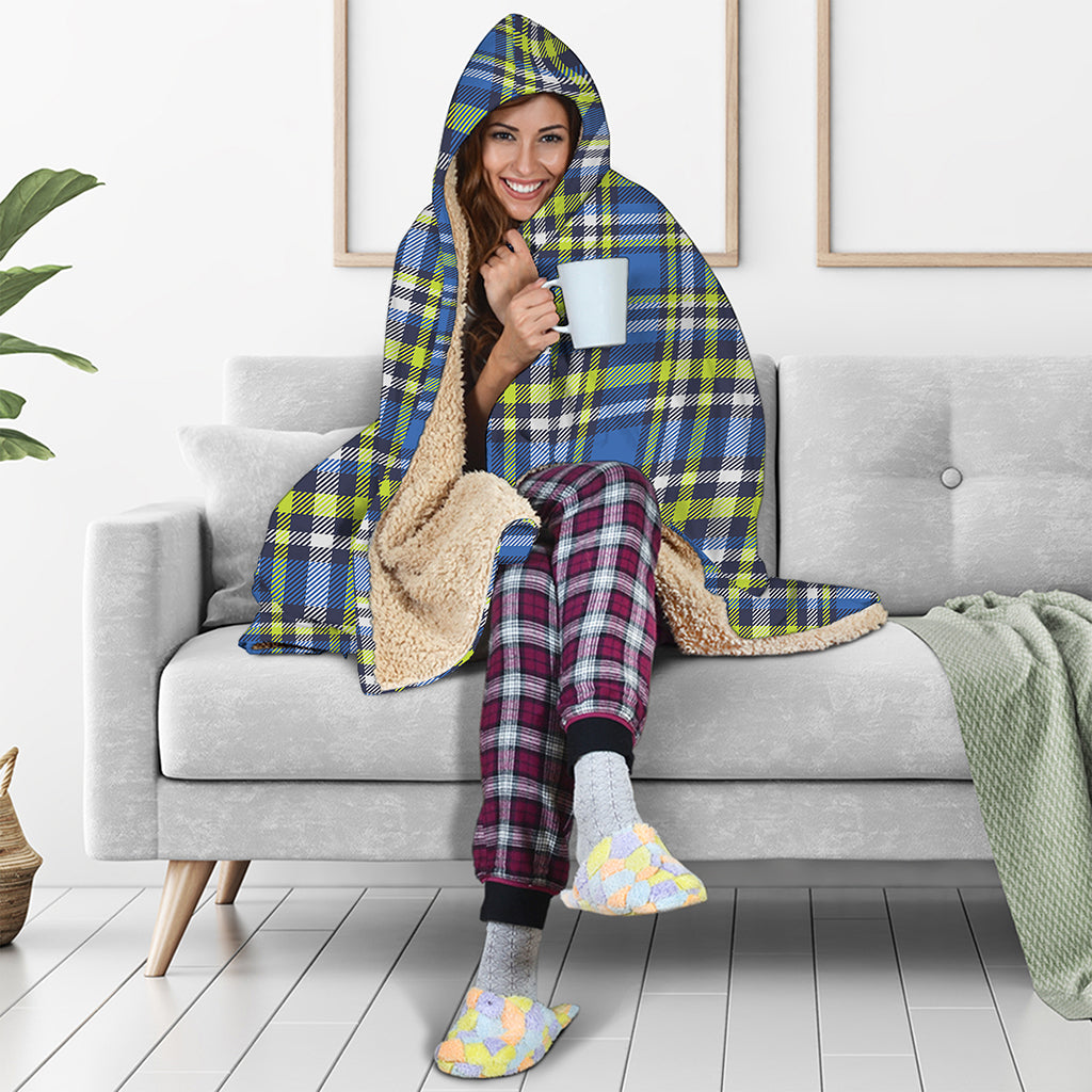 Blue Green And White Plaid Pattern Print Hooded Blanket