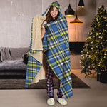 Blue Green And White Plaid Pattern Print Hooded Blanket