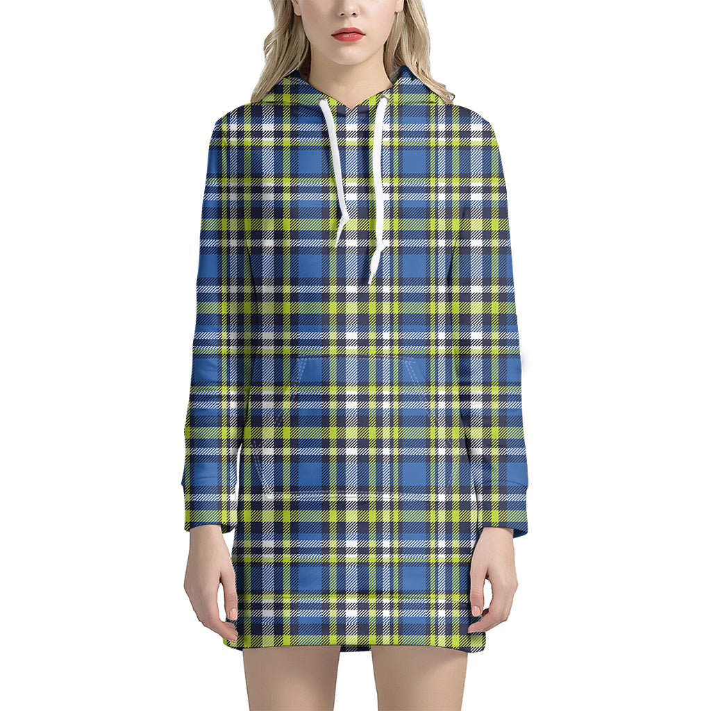 Blue Green And White Plaid Pattern Print Hoodie Dress