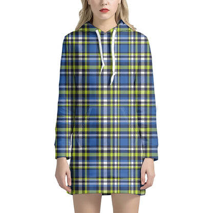 Blue Green And White Plaid Pattern Print Hoodie Dress