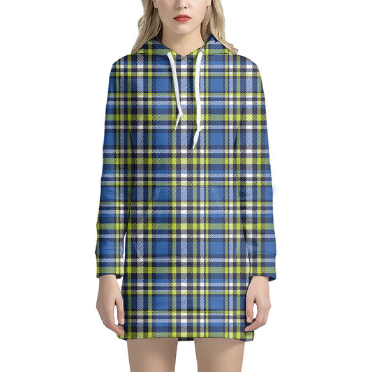 Blue Green And White Plaid Pattern Print Hoodie Dress