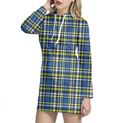 Blue Green And White Plaid Pattern Print Hoodie Dress