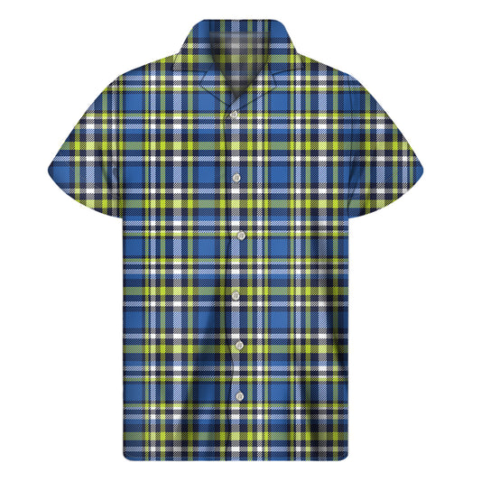Blue Green And White Plaid Pattern Print Men's Short Sleeve Shirt
