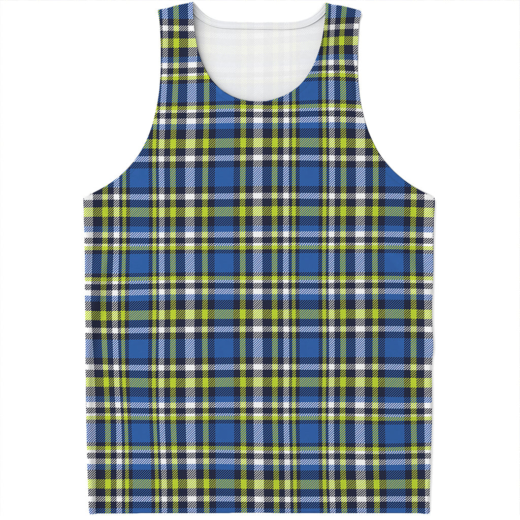 Blue Green And White Plaid Pattern Print Men's Tank Top