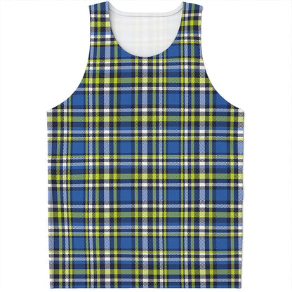 Blue Green And White Plaid Pattern Print Men's Tank Top