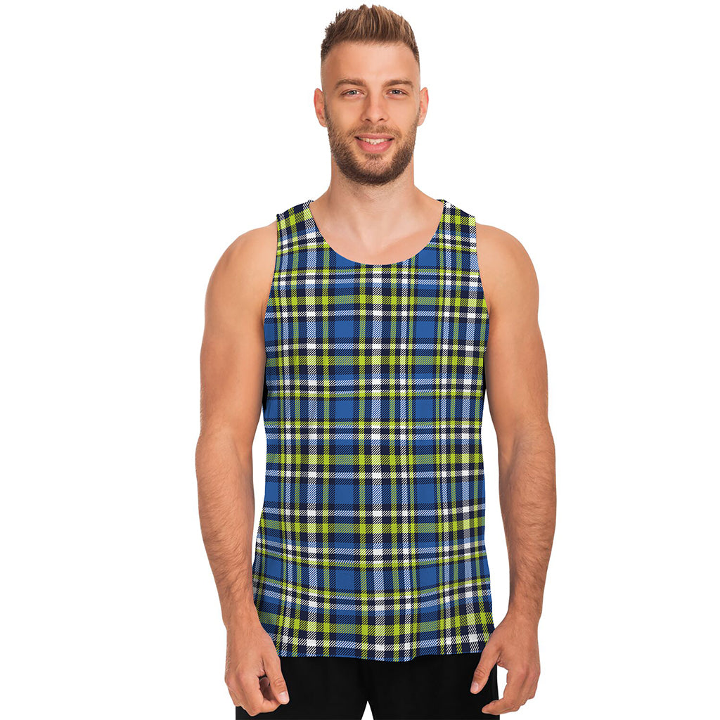Blue Green And White Plaid Pattern Print Men's Tank Top